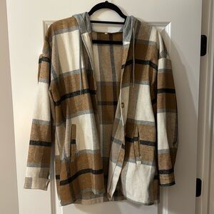Tan, White, Gray + Black Plaid Button Down Flannel Jacket with a Hood